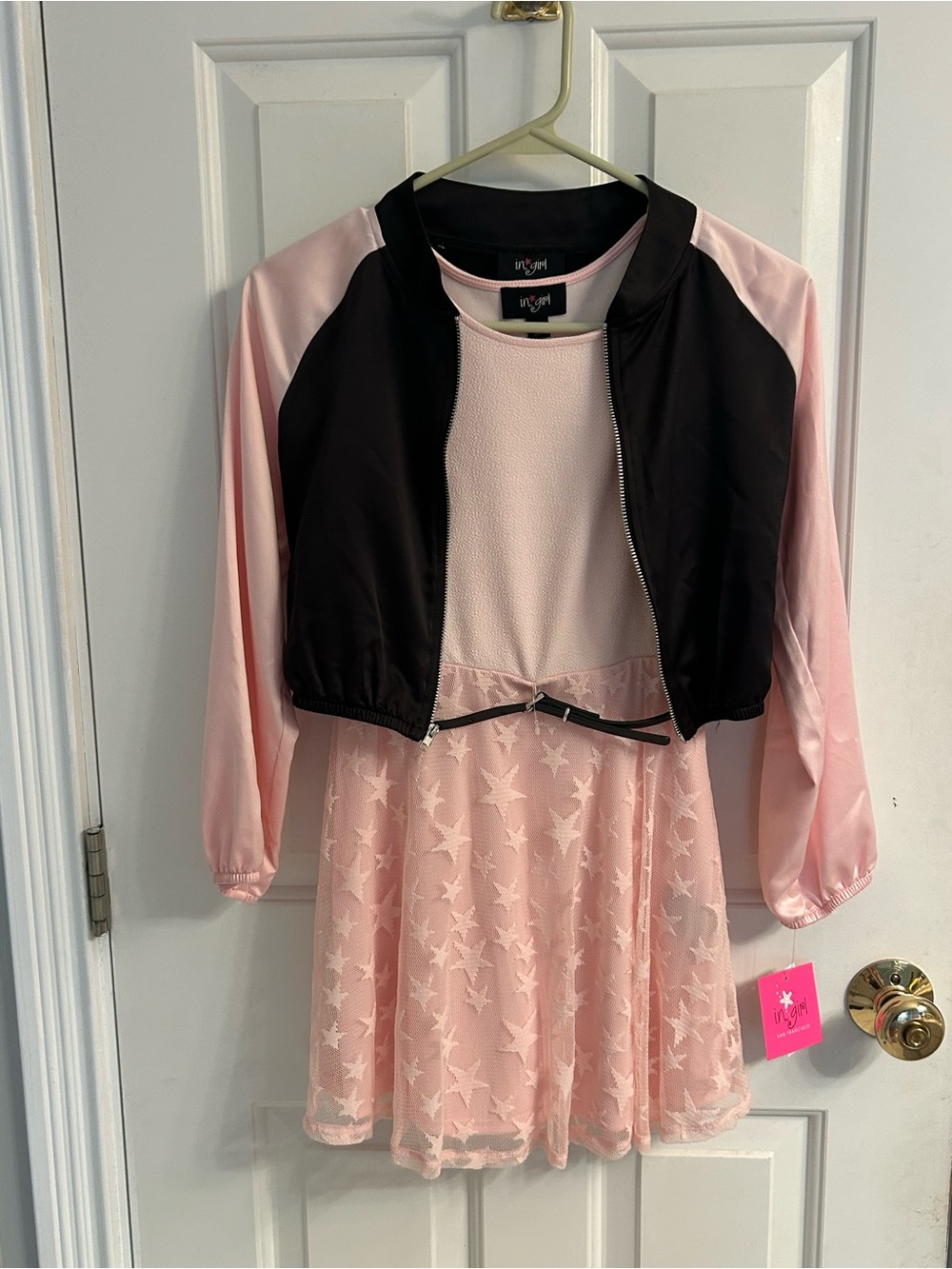 NWT- Girls' Pink Star Mesh Fit & Flare Dress with Black Cropped Jacket